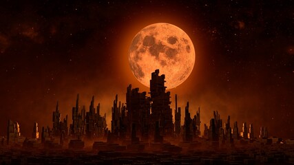 Futuristic night cityscape with full moon and skyscrapers. Science fiction scenery in warm colors. 3D rendering © CROCOTHERY