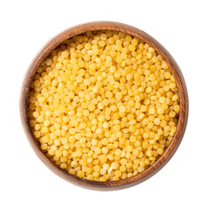 Dry ptitim isolated on white background. Toasted pasta ptitim (petit plomb or Israeli couscous) in a wooden bowl 