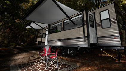 Camper trailer set up for the night at Falls Lake North Carolina