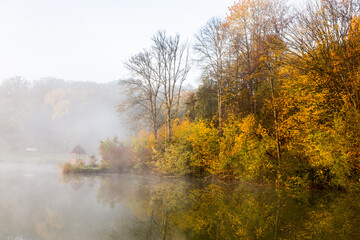 Beautiful landscape with lake and forest. Amazing nature wallpaper. Autumn trees in foggy morning. Romantic place. 