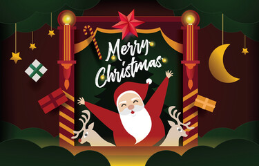 Christmas card paper art concept, Santa claus on night sky with gift, snow, star, and text Merry christmas design for web banner, poster, advertising, christmas invitation card and happy new year
