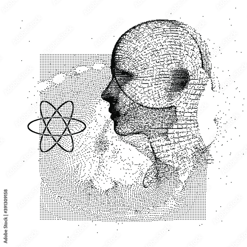Poster Silhouette of a human head made of dots and particles. Concept of Artificial intelligence and Neural Network.