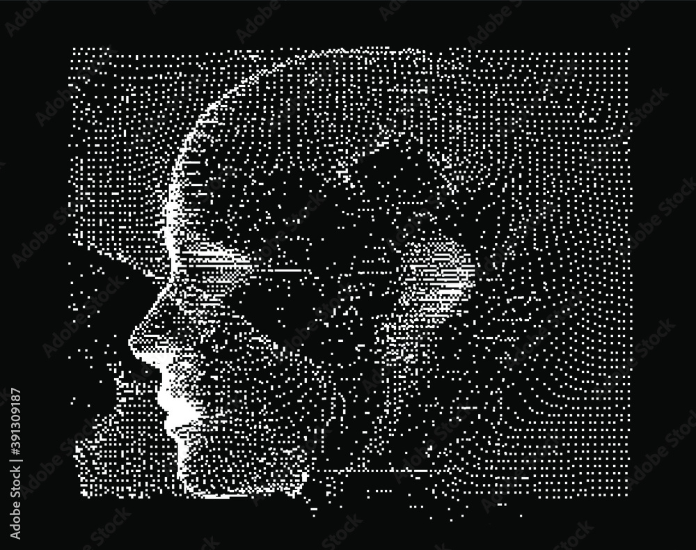Poster Silhouette of a human head made of dots and particles. Concept of Artificial intelligence and Neural Network.