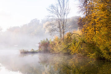 Beautiful landscape with lake and forest. Amazing nature wallpaper. Autumn trees in foggy morning. Romantic place. 