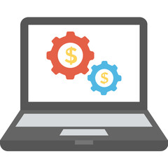 
Dollar gear on laptop, earn online flat icon
