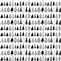 Christmas tree seamless pattern. Hand drawn doodle forest background. Retro holiday wraping paper. Vector monochrome pattern.