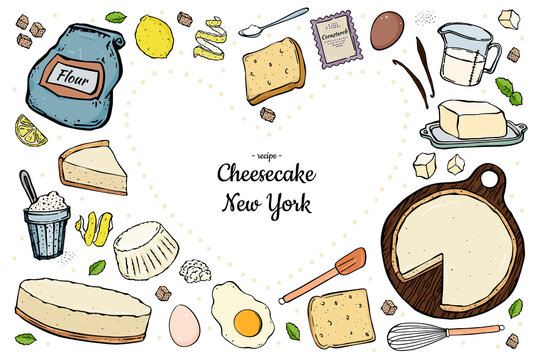 Illustration heart shaped set cheesecake and ingredients for cooking pie. Place for text. Doodle style.