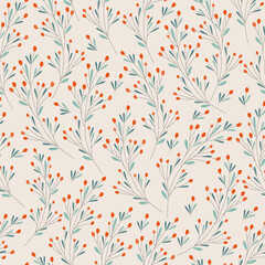 Christmas winter seamless pattern. Branches of Shepherdia argentea. The pastel palette is ideal for printing packaging, fabrics, textiles. Vector illustration