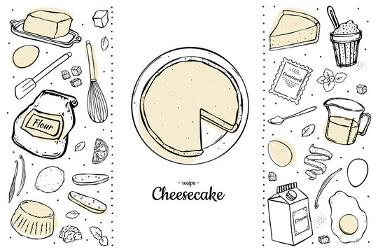 Two colour set cheesecake and ingredients for it black outline on white background. Doodle style.