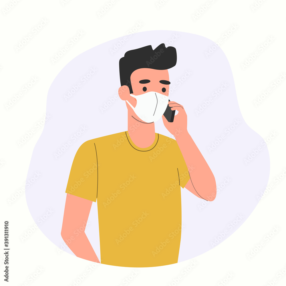 Wall mural Young man  in mask is on the smartphone isolated. Vector flat style illustration - Wall murals