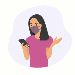 Young woman in mask looks into the smartphone.Vector flat style  illustration