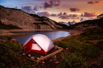 Camping Tent in the Iconic Mt Assiniboine Provincial Park near Banff, Alberta, Canada. Canadian...