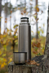 Obraz premium Thermos in the woods on a stump