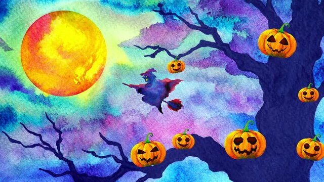 witch flying in full moon night halloween party funny orange pumpkin light lantern art design watercolor painting illustration drawing horror forest background stop motion ultra hd 4k animation