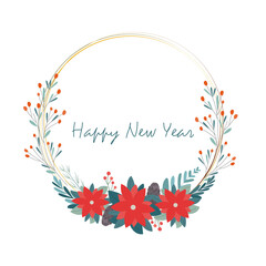 Fototapeta premium Vector winter round frame wreath with the wish of a happy new year. With leaves, sea buckthorn, fir branches, pine cones and a Christmas star. Illustration of template for printing, greeting card.