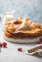 Homemade recipe of thin crepes (Blini) for breakfast or dessert.