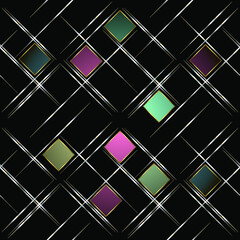 Silver seamless geometric pattern on a black background. Multi-colored squares and silver lines