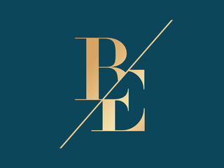BE monogram logo.Elegant style typographic icon.Lettering sign.Alphabet initials in gold metal color isolated on green background.Uppercase luxury letter b and letter e.Overlapped beauty characters. © elaT