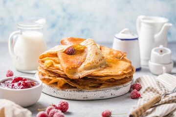 Homemade recipe of thin crepes (Blini) for breakfast or dessert.