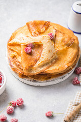 Homemade recipe of thin crepes (Blini) for breakfast or dessert.