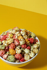 Homemade popcorn on on colorful backgrounds