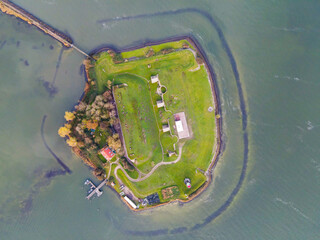Top down aerial drone view of Vuurtoreneiland in Amsterdam, The Netherlands a small island