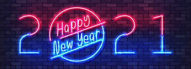 Happy New Year 2021 Neon Colorful Banner. New Year Glowing Sign for Holiday Card on a Dark Brick Wall Background. Colorful bright drawn typeface. Vector Illustration. EPS 10