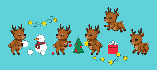Big set of cute babies Santa's reindeer.  Inscription "Merry Christmas". Greeting card, vector banner