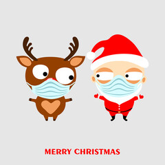Cute cartoon Santa Claus and Santa's reindeer Rudolph in medical mask. Keep safe distance. Greeting card