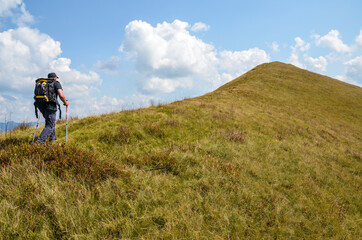 Hiker with backpack walking on trail uphill to mountain top in Carpathian mountains, Ukraine