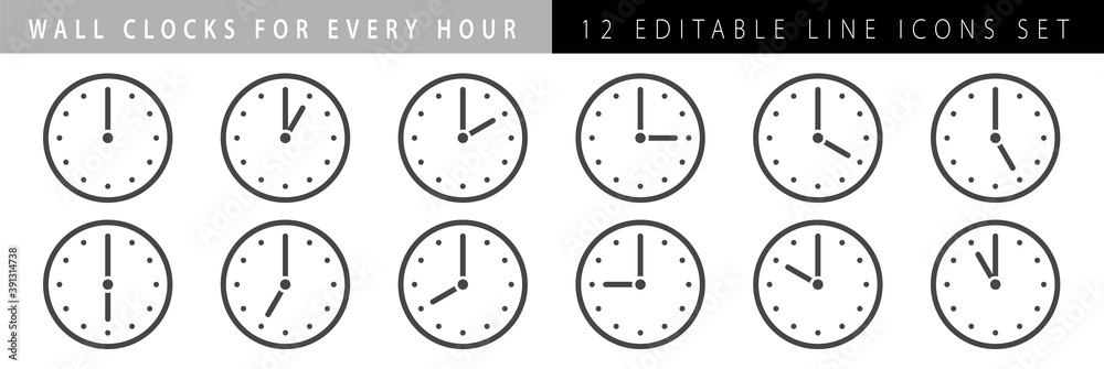 Fototapete horizontal set of analog clock icon notifying each hour isolated on white,vector illustration