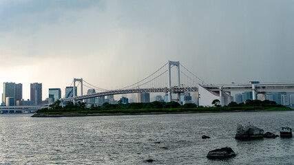 Rainbow Bridge view from Odaiba Park, Tokyo, Japan sunset.
