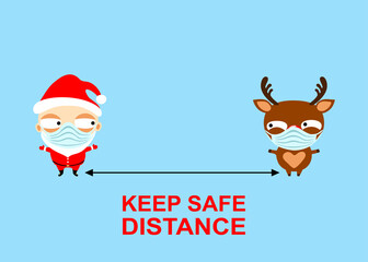 Cute cartoon Santa Claus and Santa's reindeer Rudolph in medical mask. Keep safe distance. Greeting card