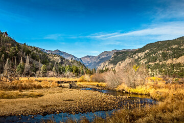 Scenic view in October over the Colorado river and the Rocky Mountains, Colorado