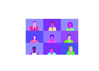 people connecting together, learning or meeting online with teleconference, video conference remote working on  computer, work from home and work from anywhere concept, flat vector illustration