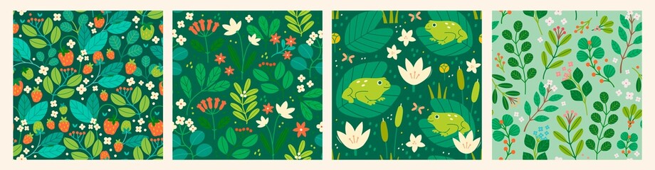 Various Branches, Flowers, Leaves, Frogs, Water Lillies. Hand drawn Vector illustrations. Design for fabric, textile, wrapping paper. Set of four Colorful Seamless Patterns, Wallpapers, Backgrounds