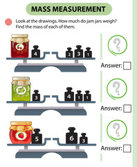 Math game, education game for children. Mass measurement. Scales. How much do jam jars weight? Solve the examples. Logic puzzle for kids. Worksheet vector design