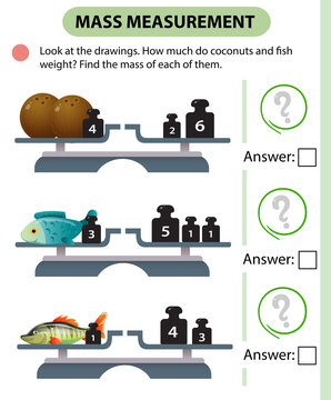 Math game, education game for children. Mass measurement. Scales. Solve the examples. Logic puzzle for kids. Worksheet vector design for preschoolers and schoolers.