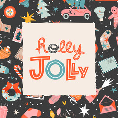 Holly Jolly black Christmas trendy greeting card template. Festive Christmas lettering and cute illustrated elements around. Greeting card, invitation design. Winter holiday concept. 