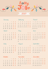 Beige 2021 calendar template. Christmas ornaments and decorations. Winter holiday concept. Printable calendar design. Retro vintage trendy hand-drawn year planner. 