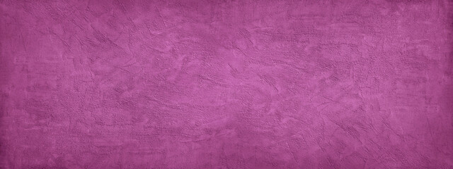Fototapeta na wymiar Pink purple abstract background. Toned texture of rough decorative plaster on a concrete wall. Wide banner. Panorama. Copy space. Nobody. Fuchsia color background with grungy texture.