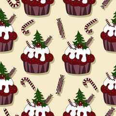 Pattern of bright festive cake and decorations for Christmas