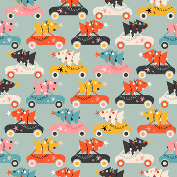 Christmas trees and cars seamless festive patterns. The vintage retro light pattern for print, fabric, textile, stationery, wrapping paper. Trendy illustrated childish cars' seamless vector design.   