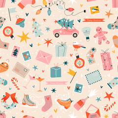 Beige Christmas elements ornate patterns. Seamless vintage vector design. Traditional winter holiday illustrations combined into a pattern. Trendy hand-drawn illustration for fabric, stationery, wrap.