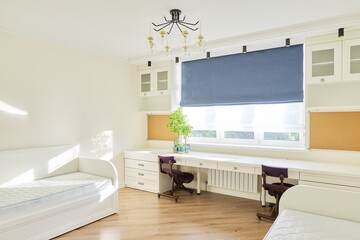 Interior of children's room for two children in light colors