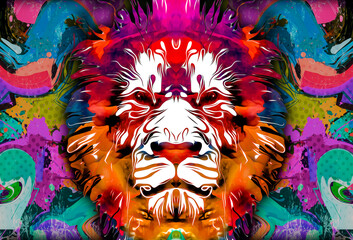 lion head in the night - obrazy, fototapety, plakaty