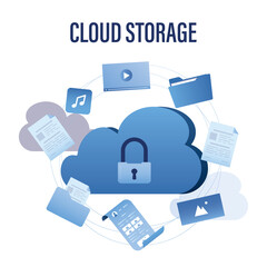 Cloud storage concept banner. Upload and download data with remote servers via cloud technologies. Protected storage of information,