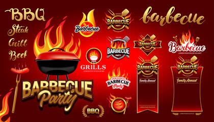 BBQ design elements set, party design, invitation, ad design. Barbecue logo template. BBQ template menu design. Barbecue Food flyer. Barbecue advertisement. - obrazy, fototapety, plakaty