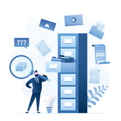 Quick files or media content search. Documents archiving and data storage. Businessman or clerk and large database. Hosting system - obrazy, fototapety, plakaty