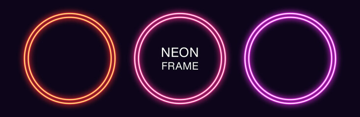 Neon circle Frame. Set of round neon Border with double outline
